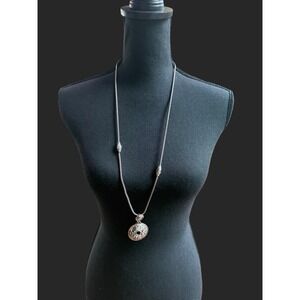 Vintage Napier Silver Tone Coin Pendant Necklace Long Rope Chain